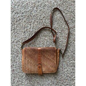 Woven Leather Crossbody Bag With Adjustable Strap Tan Bohemian Design